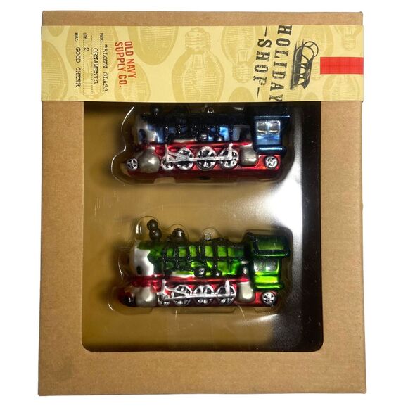 Old Navy Supply Co Hand Blown Glass Christmas Ornament Green Blue Train - Picture 1 of 9